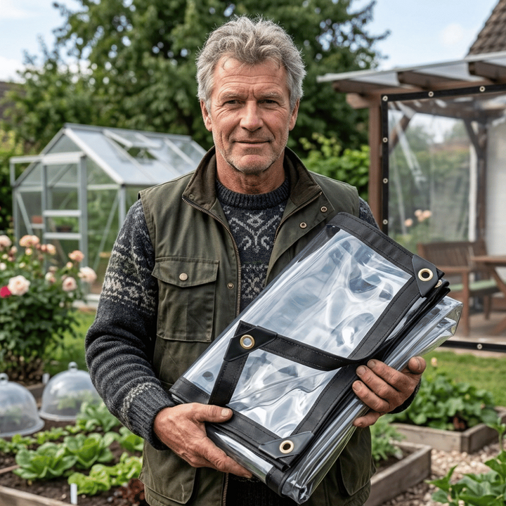 Bâche de protection transparente pour jardin, idéale contre les intempéries et le vent. Couverture extérieure durable en PEHD.