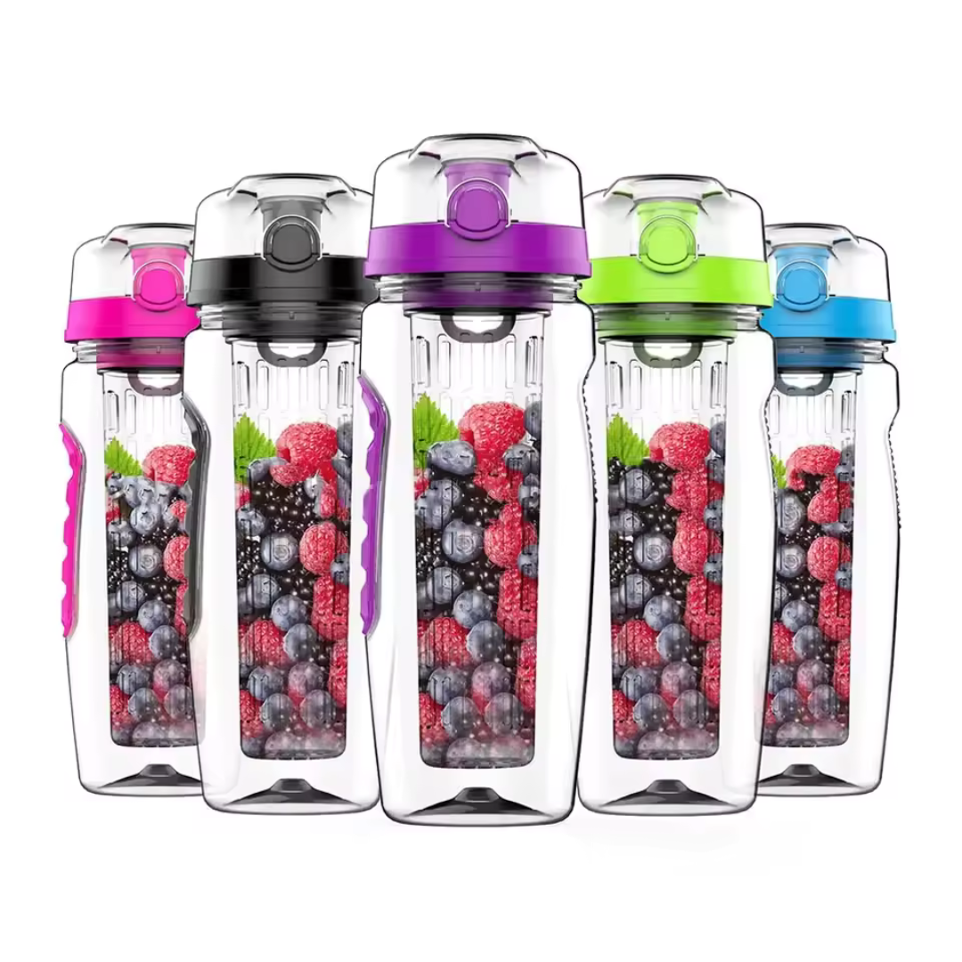 Bouteille AquaLuxe 1000ml avec compartiment infuseur de fruits, sans BPA, pour boisson saine et portable.
