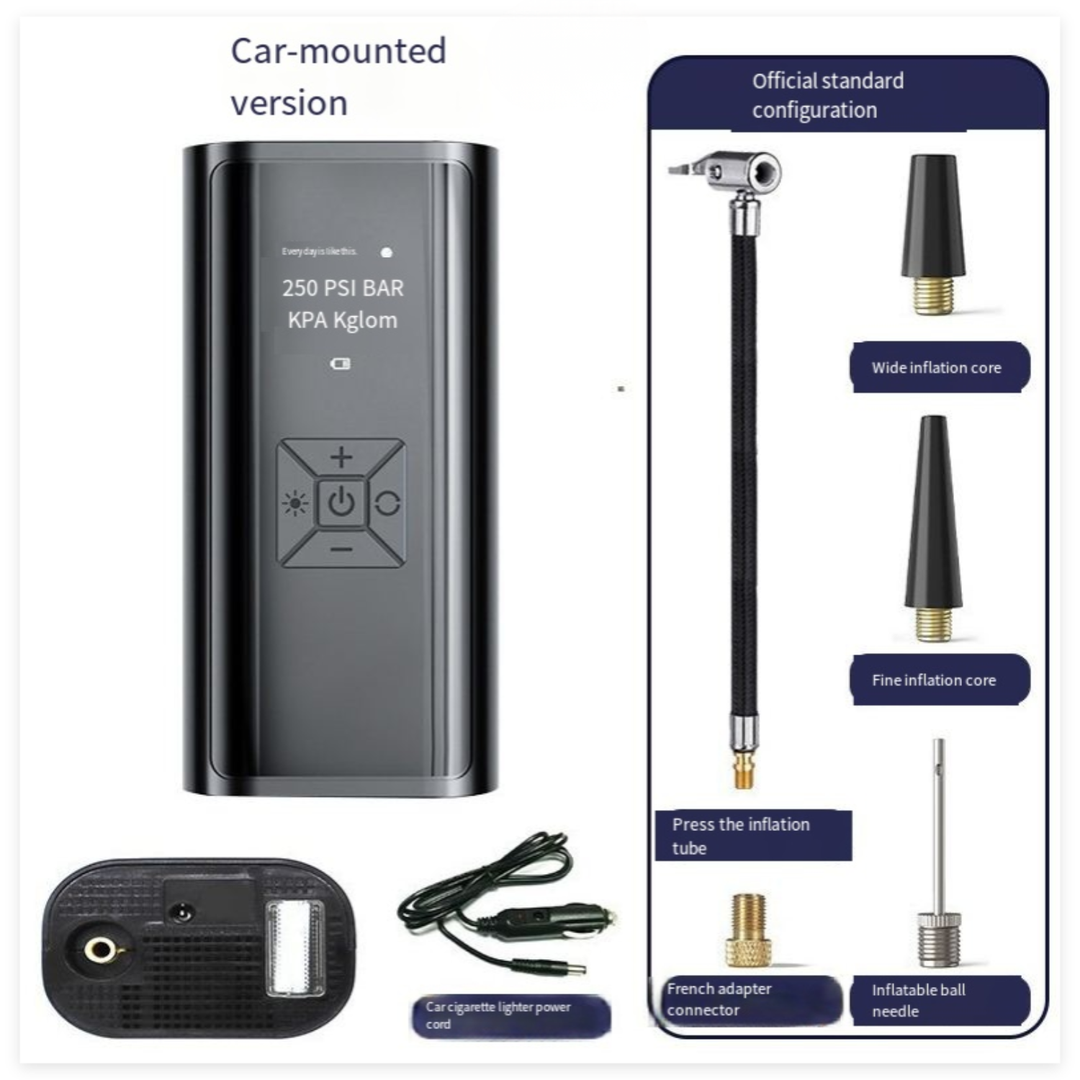 Compresseur portable intelligent pour pneus avec écran LCD et lumières LED, idéal pour voiture, moto, vélo.