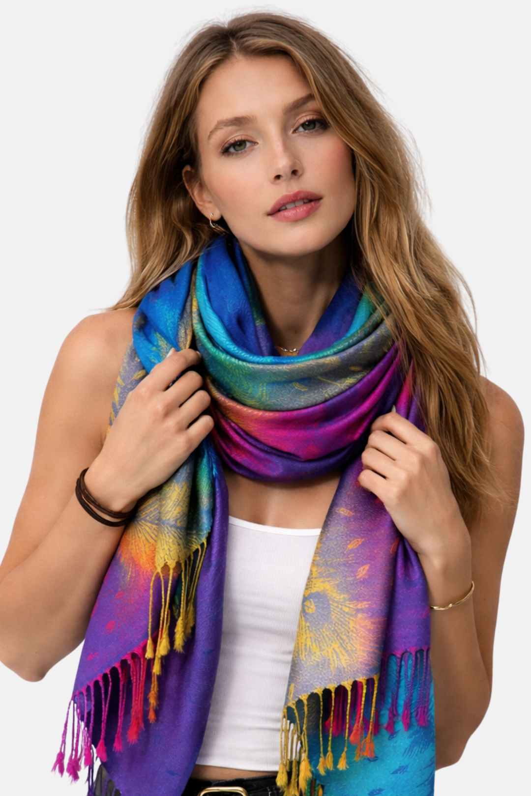 Écharpe douce femmes, motifs or & bleu. Parfaite hiver ou automne, cadeau élégant et chaleureux.