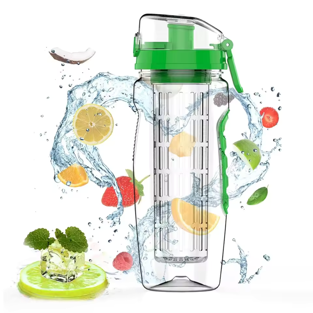 Bouteille sport AquaLuxe 1000ml, portable avec infuseur, idéale pour eau fruitée et hydratation active.