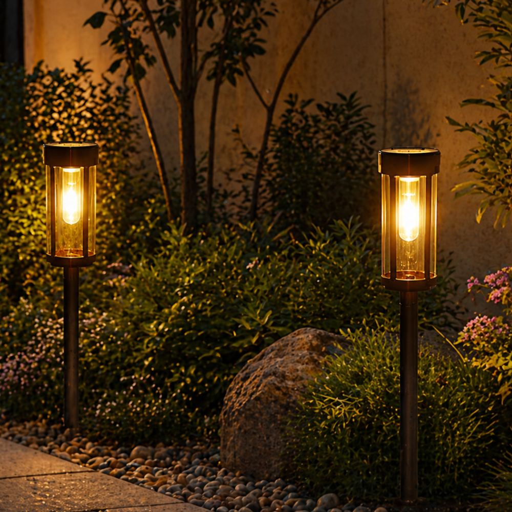 Piquet LED solaire automatique pour chemins de jardin, lumière extérieure moderne et autonome.