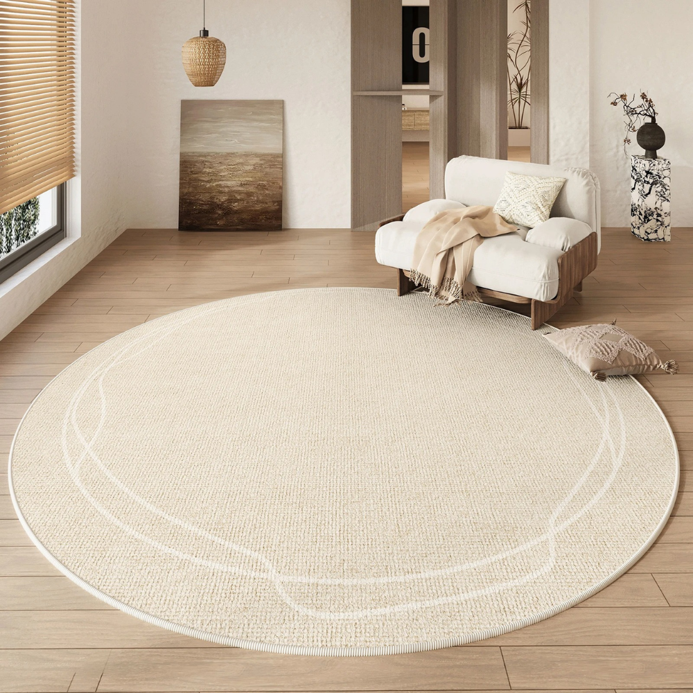Tapis de sol rond en polyester crème, style wabi sabi, antidérapant, facile à entretenir.