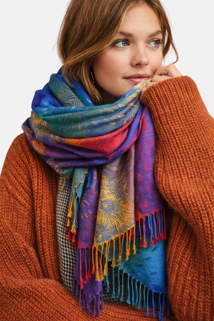 Écharpe femme élégante or & bleu, douce et légère. Accessoire mode hiver/automne.