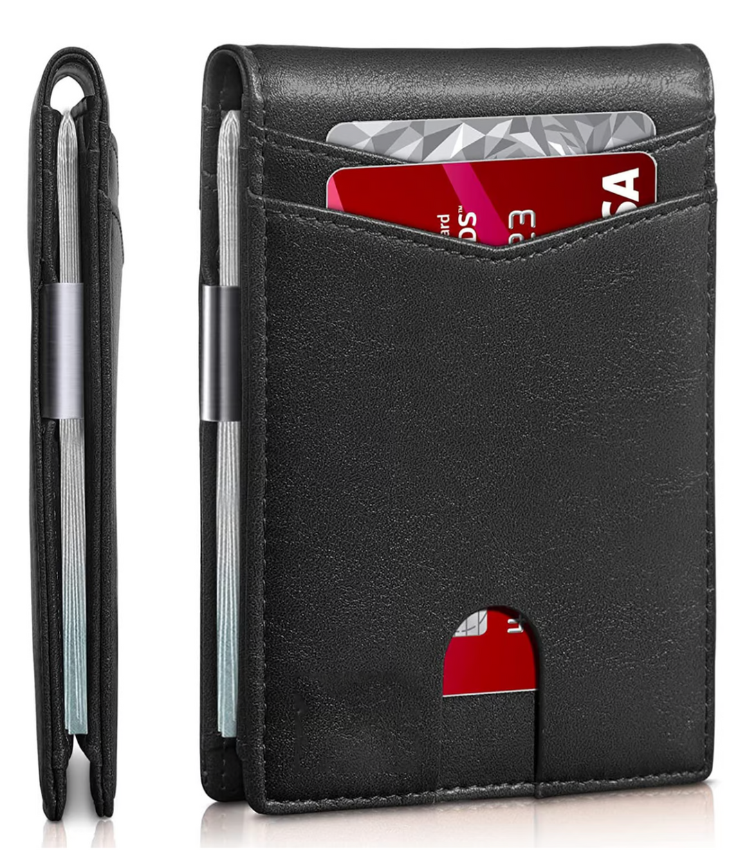 Élégant portefeuille homme compact avec protection RFID, idéal pour transporter cartes et espèces.