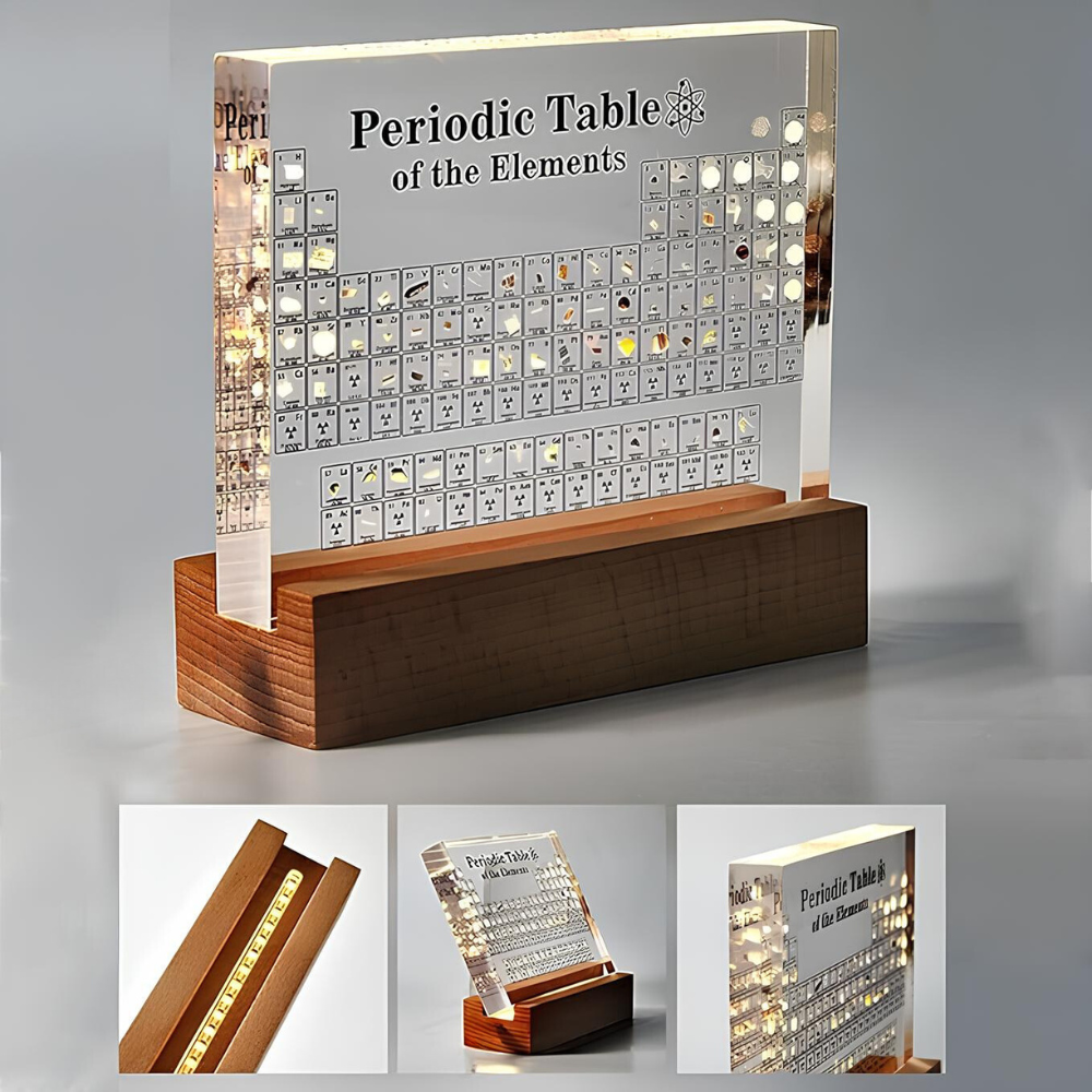 Tableau périodique lumineux éclairant une pièce, montrant des éléments réels. Décoration éducative et élégante.