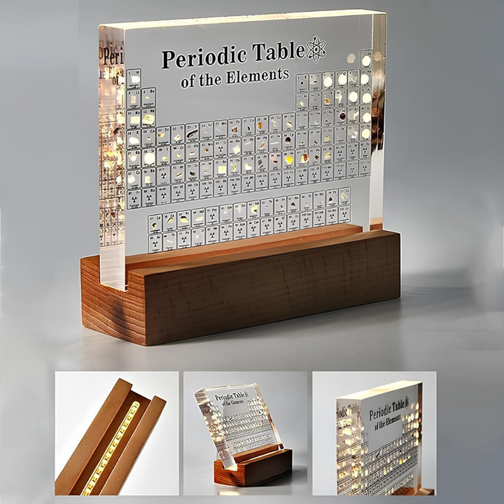 Tableau périodique lumineux éclairant une pièce, montrant des éléments réels. Décoration éducative et élégante.