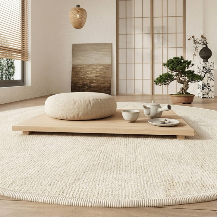 Décoration intérieure: tapis rond moderne, doux, crème, style luxe wabi sabi authentique.