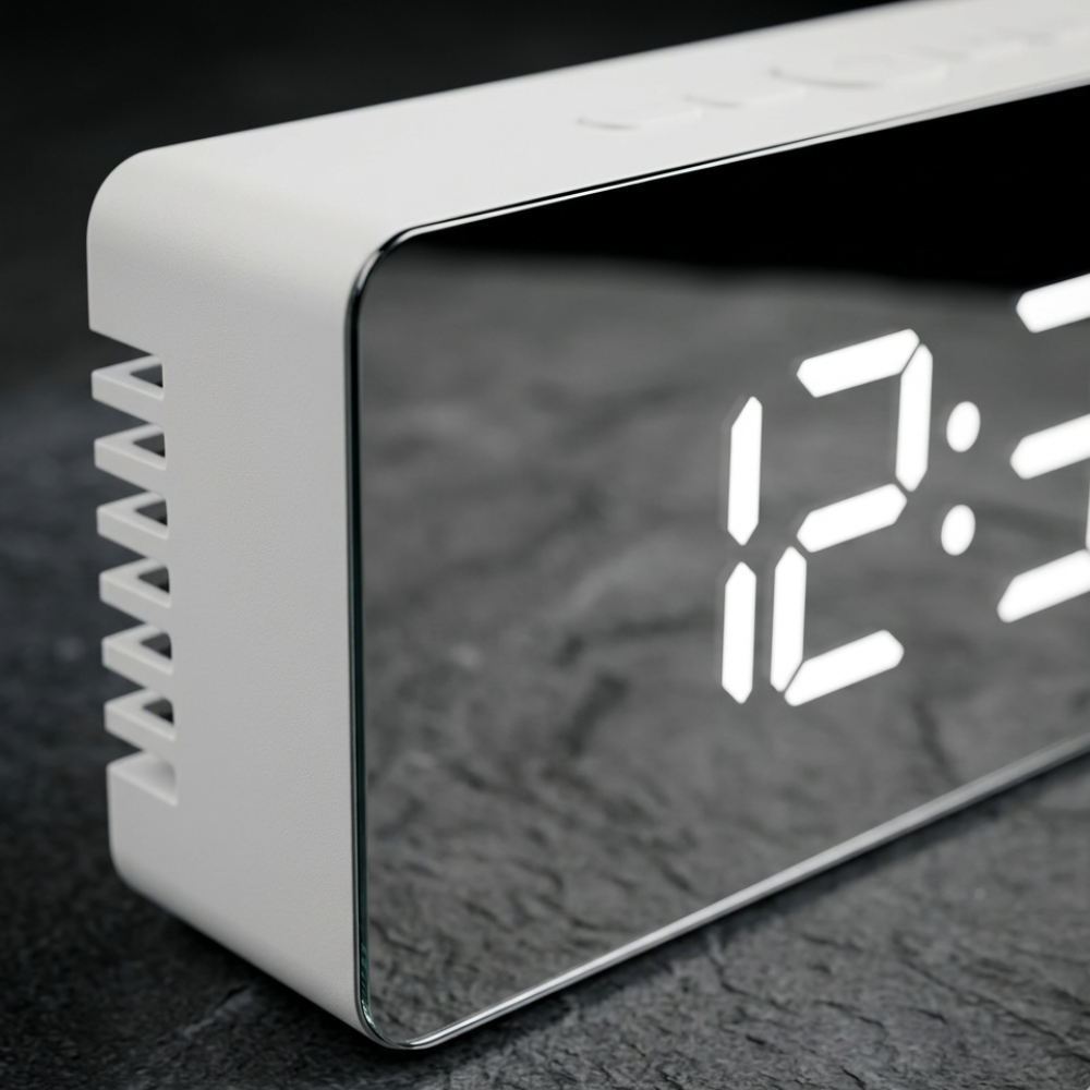 Réveil moderne miroir LED pour chambre et bureau, combine horloge, alarme et design épuré.