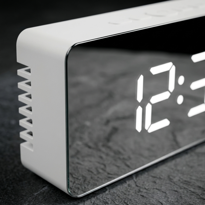 Réveil moderne miroir LED pour chambre et bureau, combine horloge, alarme et design épuré.