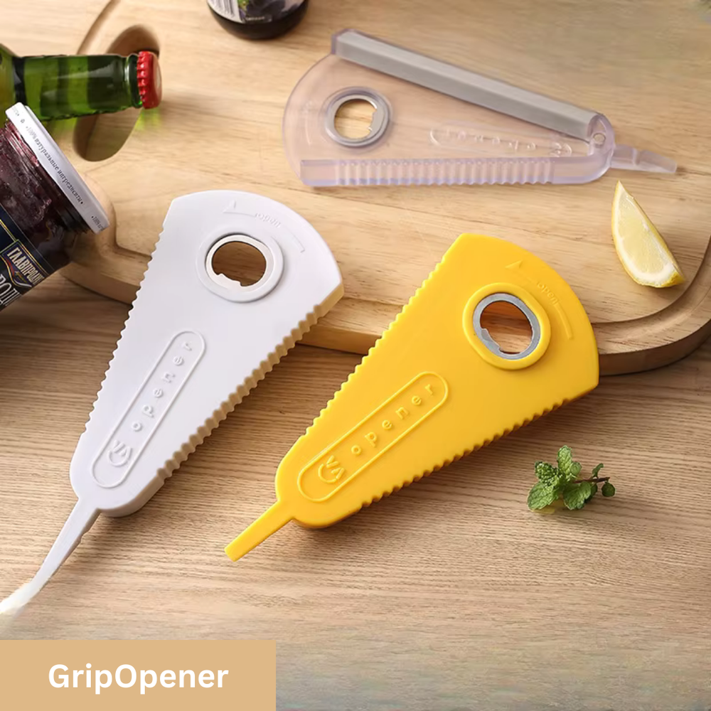 Ouvre-boîtes & bouteilles GripOpener jaune, accessoire cuisine facile et polyvalent pour personnes âgées.