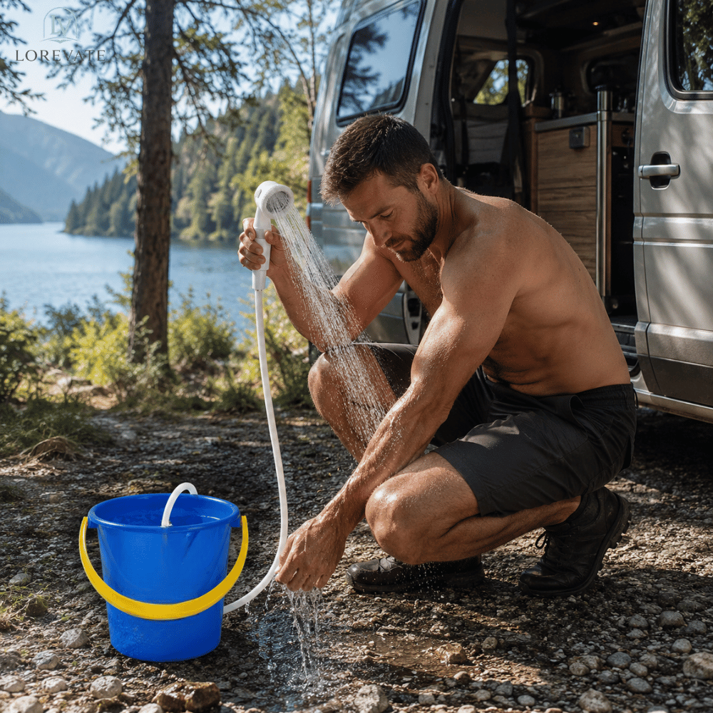 Douche de camping portable compacte pour aventures en plein air. Facile à transporter et à utiliser.