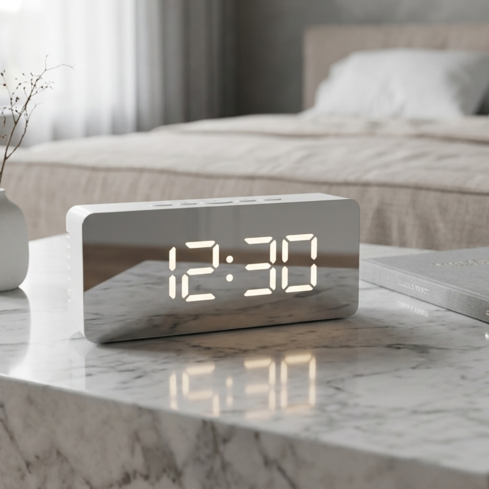 Réveil miroir LED moderne avec grand affichage numérique et fonction snooze pour chambre ou bureau.