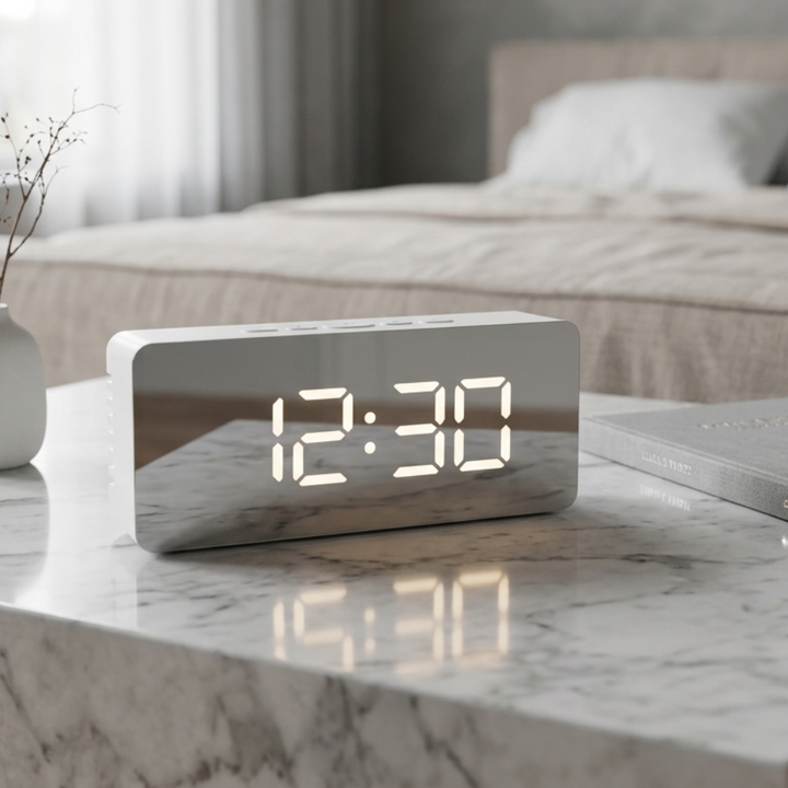 Réveil miroir LED moderne avec grand affichage numérique et fonction snooze pour chambre ou bureau.