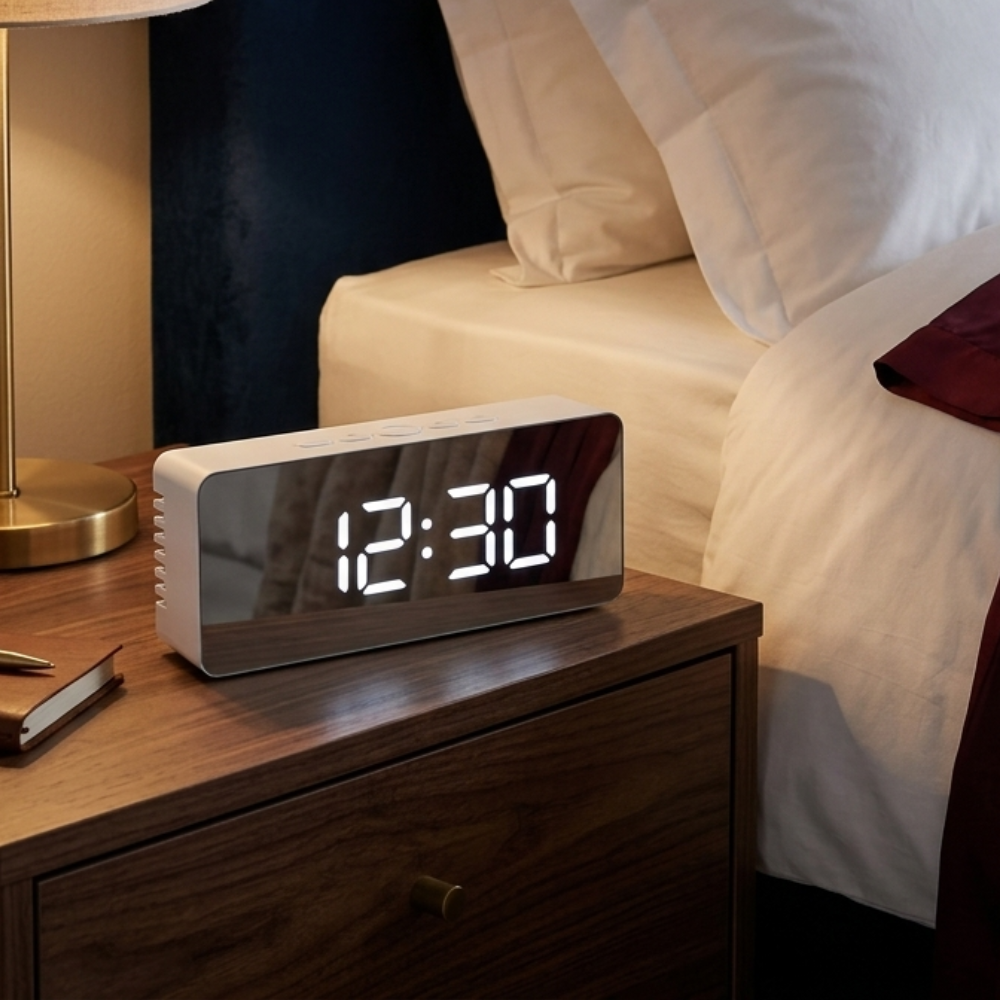 Horloge numérique miroir LED avec affichage de l'heure et de la température, luminosité réglable.