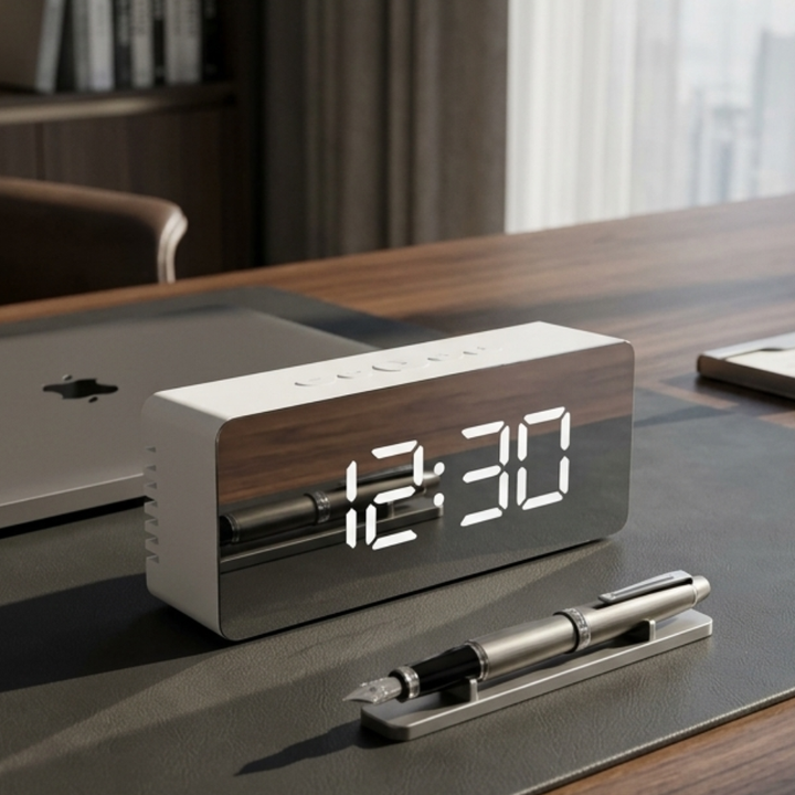 Horloge numérique LED avec surface miroir, affichage lumineux et fonction réveil pour un usage quotidien.