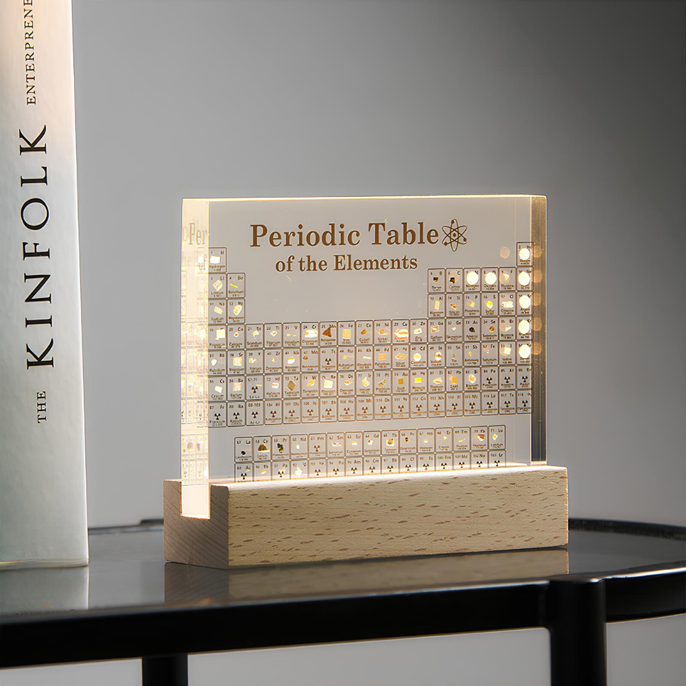 Tableau périodique lumineux en acrylique avec de vrais éléments intégrés, idéal pour les sciences et la chimie.