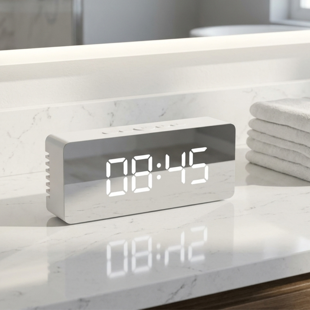 Élégant réveil miroir LED, accessoire de décoration et horloge pratique pour toute pièce moderne.