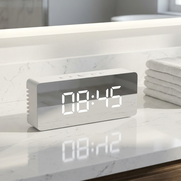 Élégant réveil miroir LED, accessoire de décoration et horloge pratique pour toute pièce moderne.