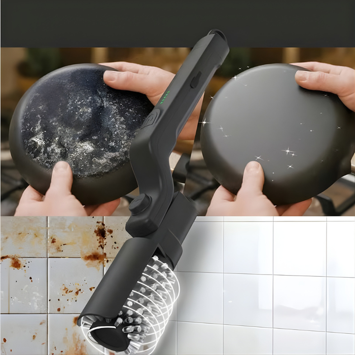 Vue détaillée de la brosse de nettoyage électrique sans fil BBQ avec son rouleau rotatif puissant.