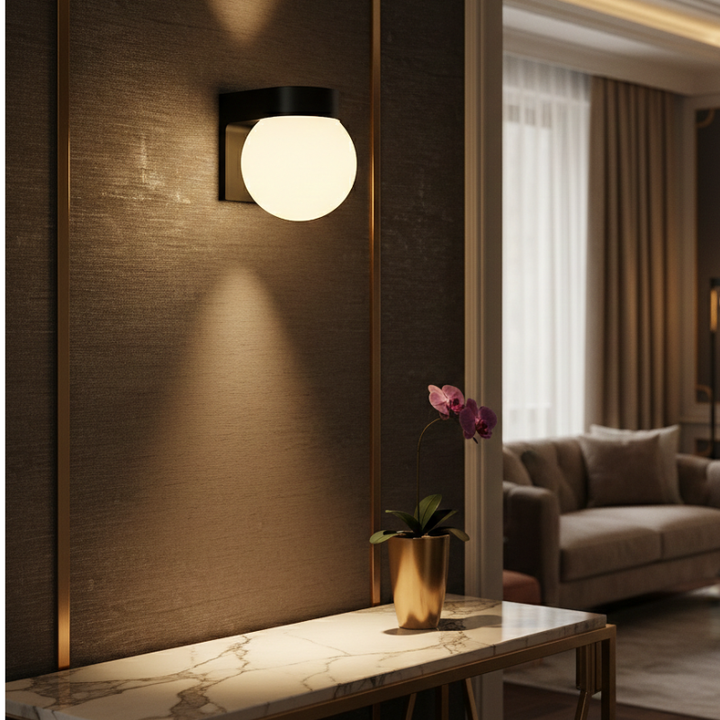 Applique murale LED globe extérieur design minimaliste. Idéale pour façade, terrasse ou jardin.