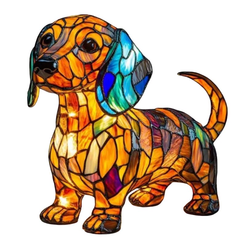 Lampe chien Teckel en résine, fabriquée artisanalement, créant une ambiance cosy avec sa lumière douce, idéale pour la déco.