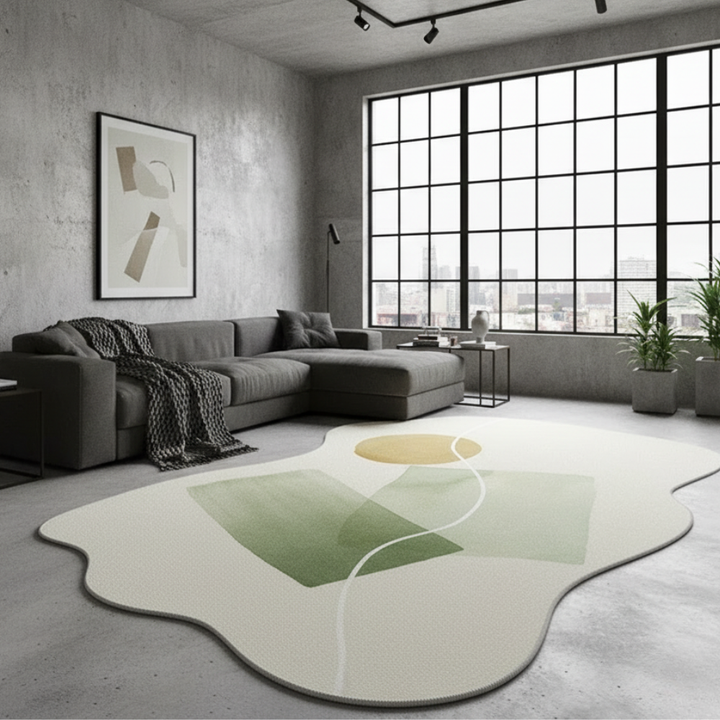 Tapis moelleux Novara, design géométrique japonais, pour un salon cosy et moderne.