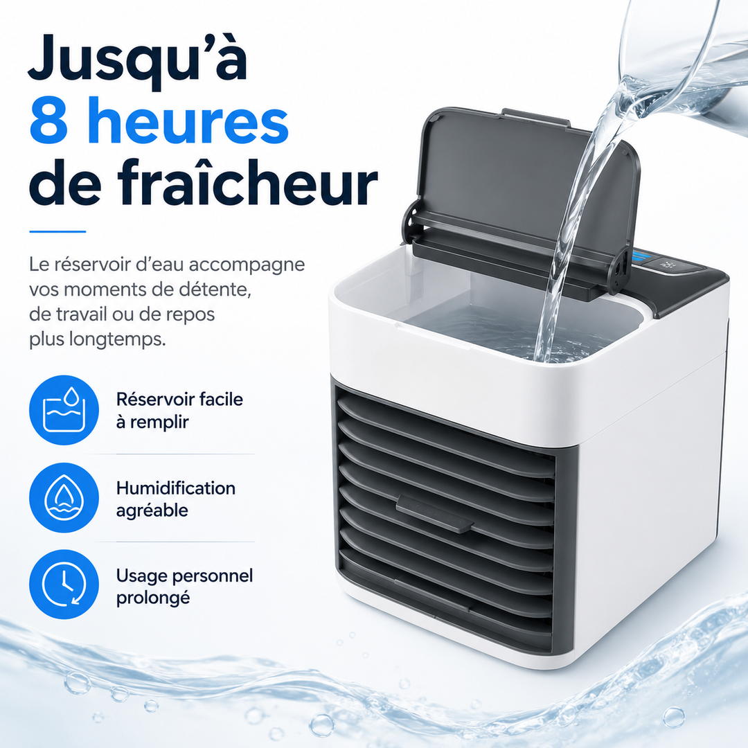 Rafraîchisseur d'air compact pour maison/bureau, offre un souffle frais silencieux. Alimentation USB pratique.