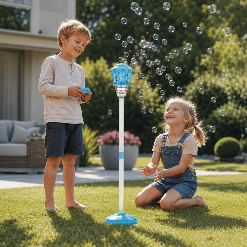 Des milliers de bulles colorées flottant dans l'air, créées par une machine à bulles pour jeu d'été.