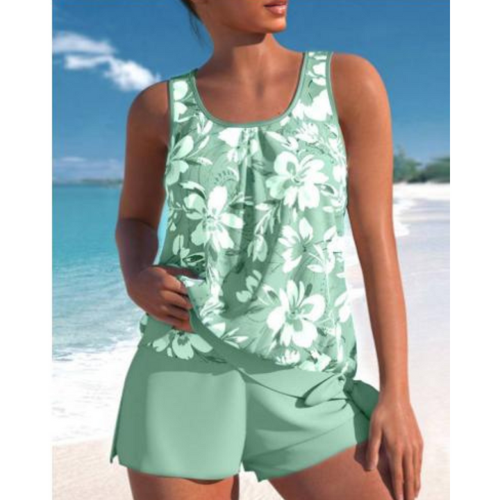 Haut tankini fleuri et short de bain femme, maillot de bain confortable pour la piscine ou la plage en été.