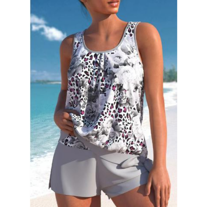 Ensemble tankini fleuri et short pour femme, style élégant et décontracté pour les vacances d'été.
