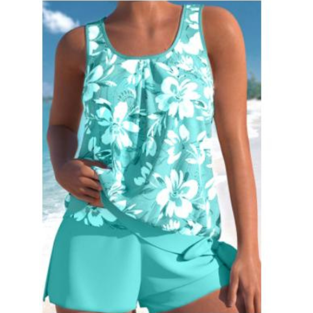 Tankini fleuri femme avec short, idéal pour la plage et la piscine. Design élégant et confortable pour l'été.