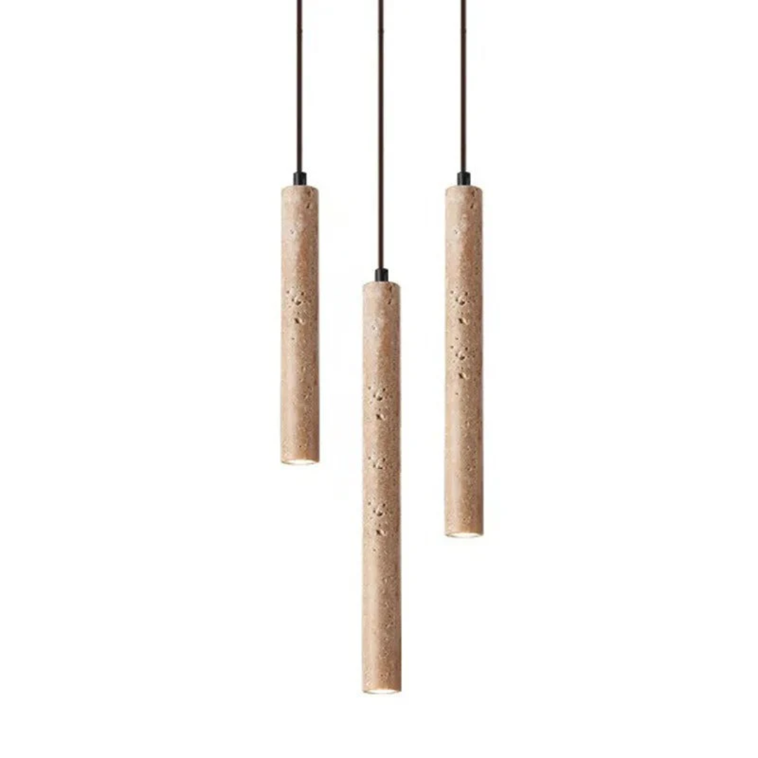 Lustre minimaliste en travertin avec LED intégrée, design élégant pour salon ou salle à manger. Luminaire chic.
