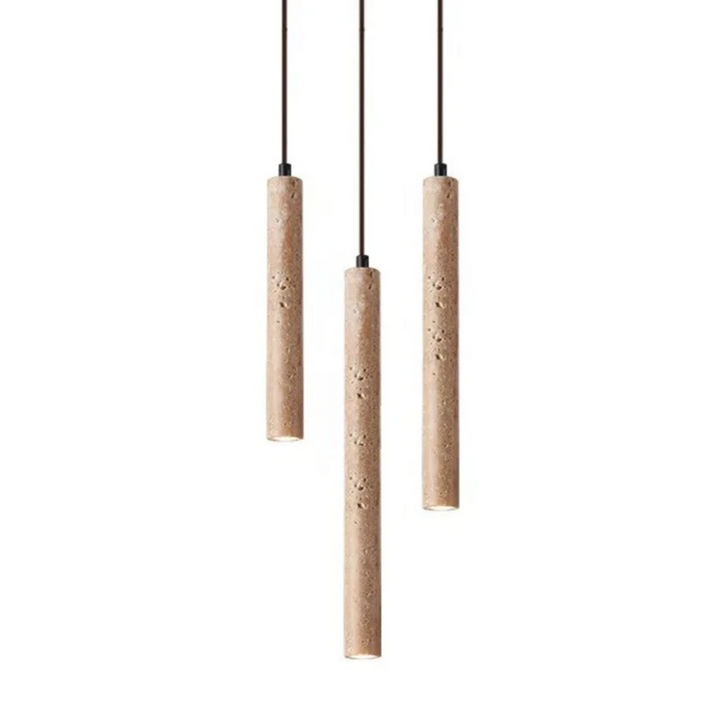 Lustre minimaliste en travertin avec LED intégrée, design élégant pour salon ou salle à manger. Luminaire chic.