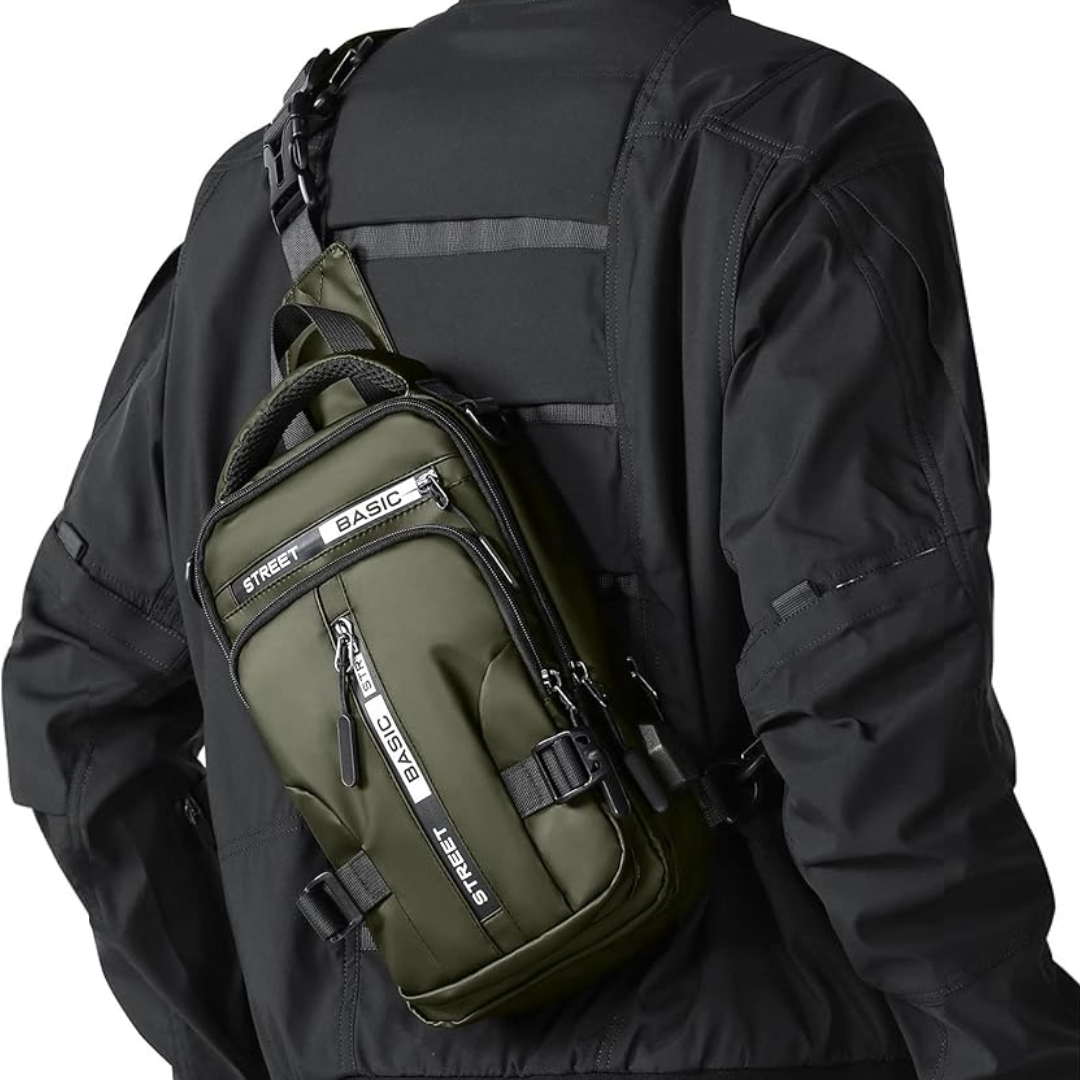 Détail d'un sac à dos sling compact avec fermetures éclair robustes, parfait pour le transport quotidien.