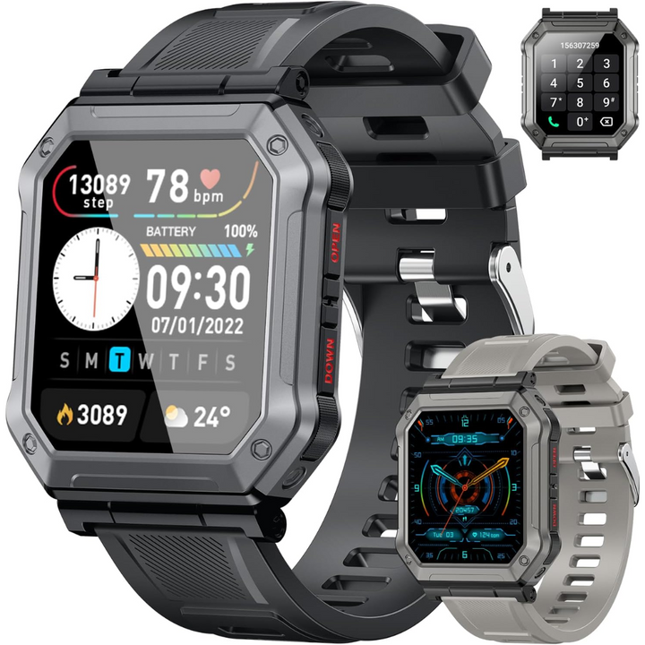 Montre connectée robuste pour hommes, design militaire, parfait pour le sport et les activités extérieures.