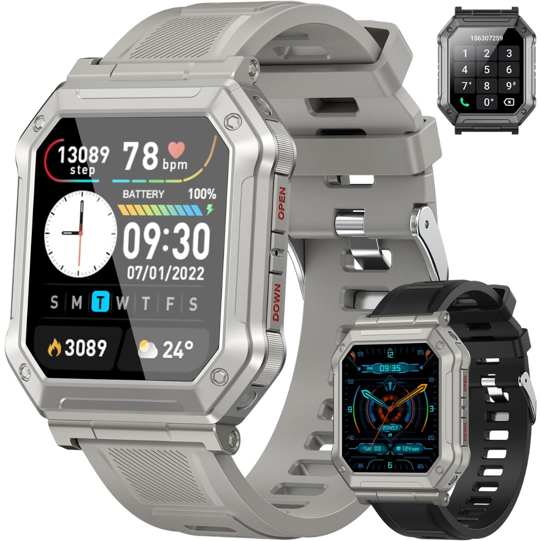Montre intelligente militaire robuste pour homme, idéale pour l'outdoor et le suivi d'activité fitness.