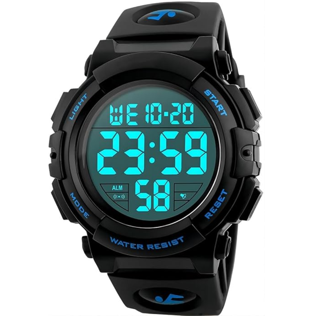 Montre digitale sport robuste pour homme, étanche et résistante, avec affichage LED lumineux.