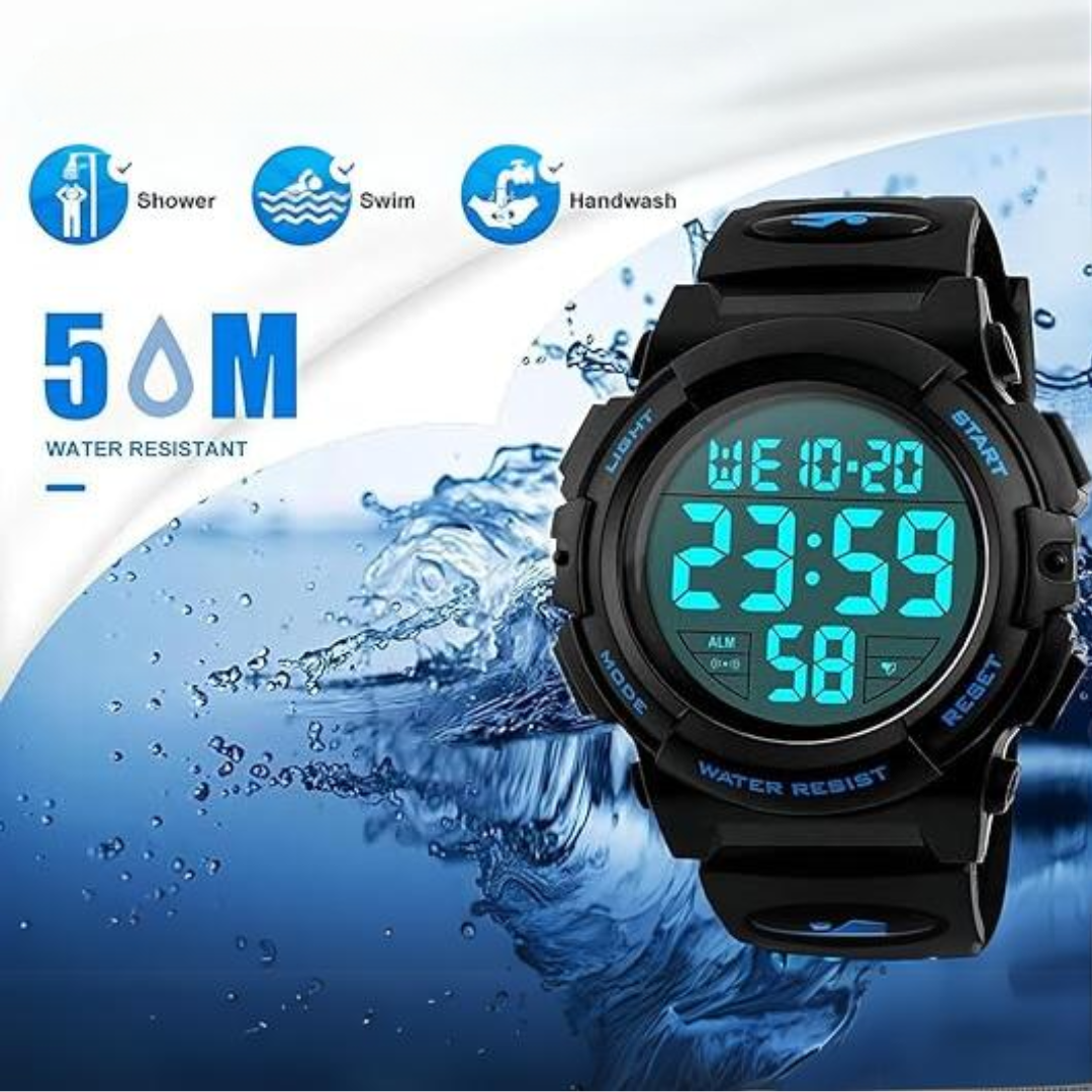 Montre sport digitale pour homme au poignet, accessoire robuste pour l'outdoor, le fitness et le quotidien.
