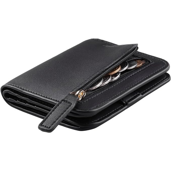 Portefeuille femme moderne et élégant, format compact avec protection RFID intégrée, indispensable pour la mode.
