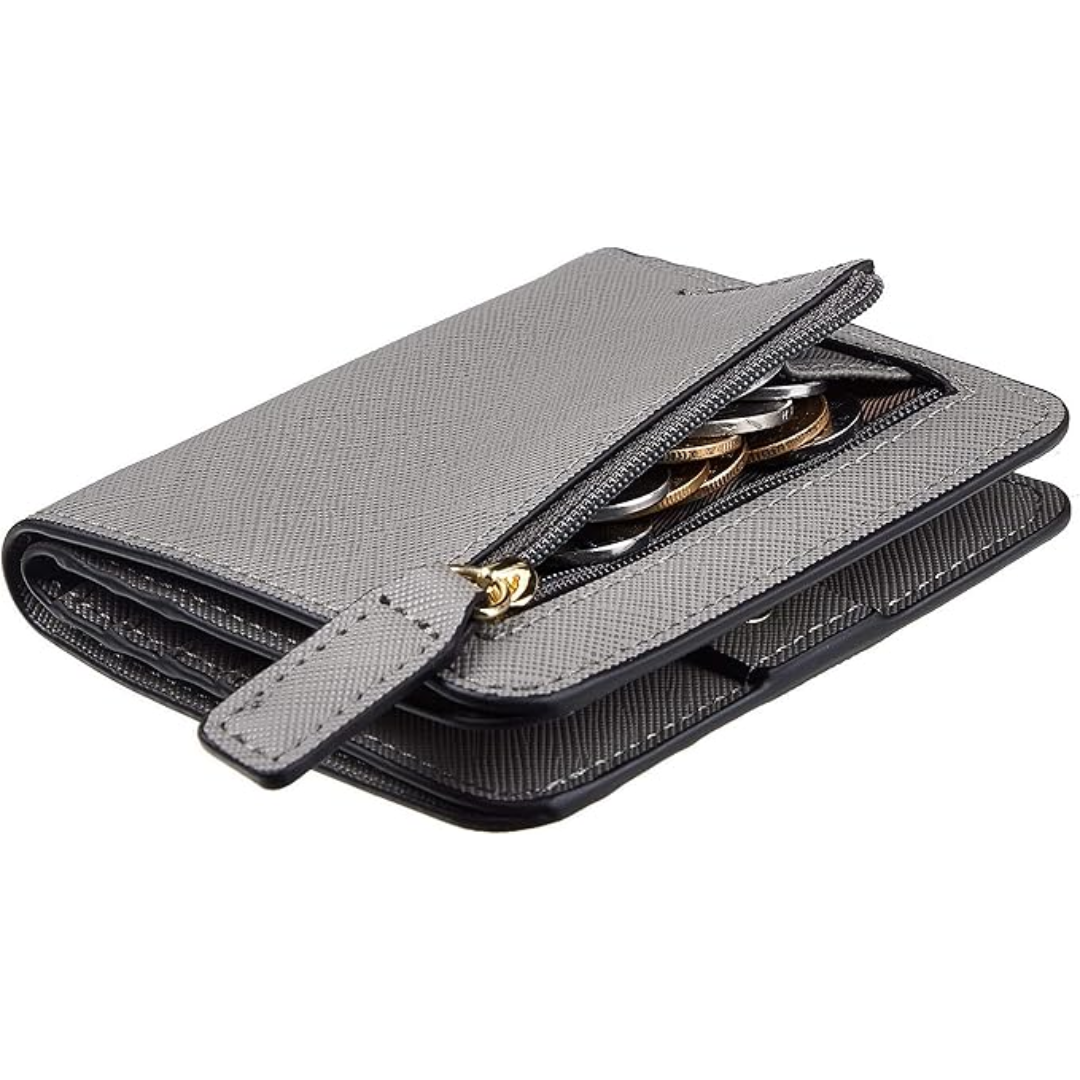 Portefeuille femme compact pour une organisation optimale des cartes et billets, avec sécurité RFID.