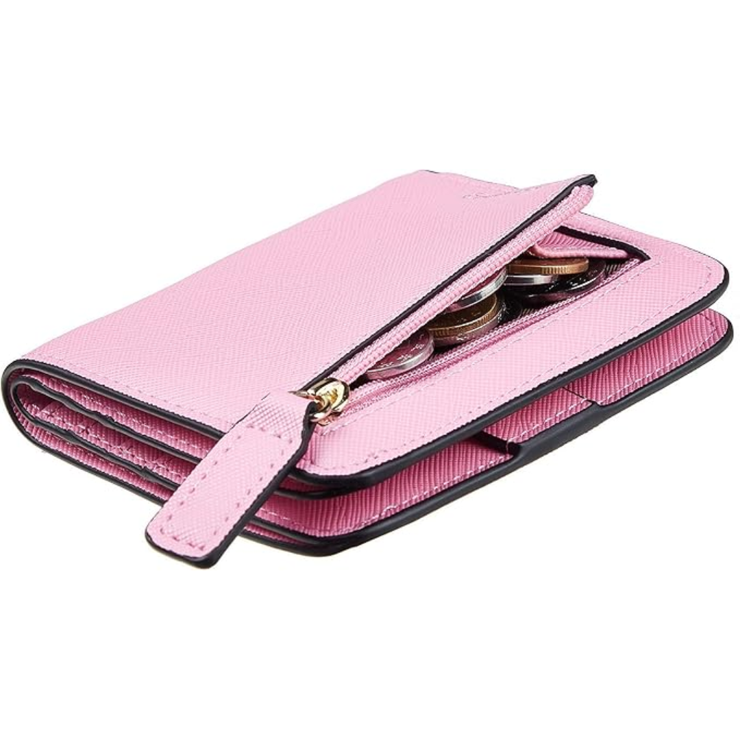 Élégant portefeuille bifold pour femmes, design chic et fin, parfait accessoire de mode et sécurité RFID.