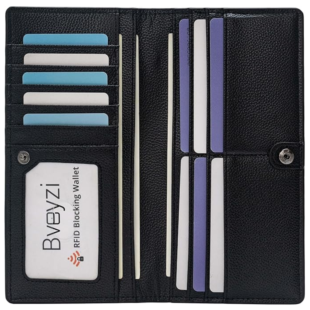 Portefeuille unisexe ultra-mince noir avec blocage RFID pour cartes sécurisées et discrètes.
