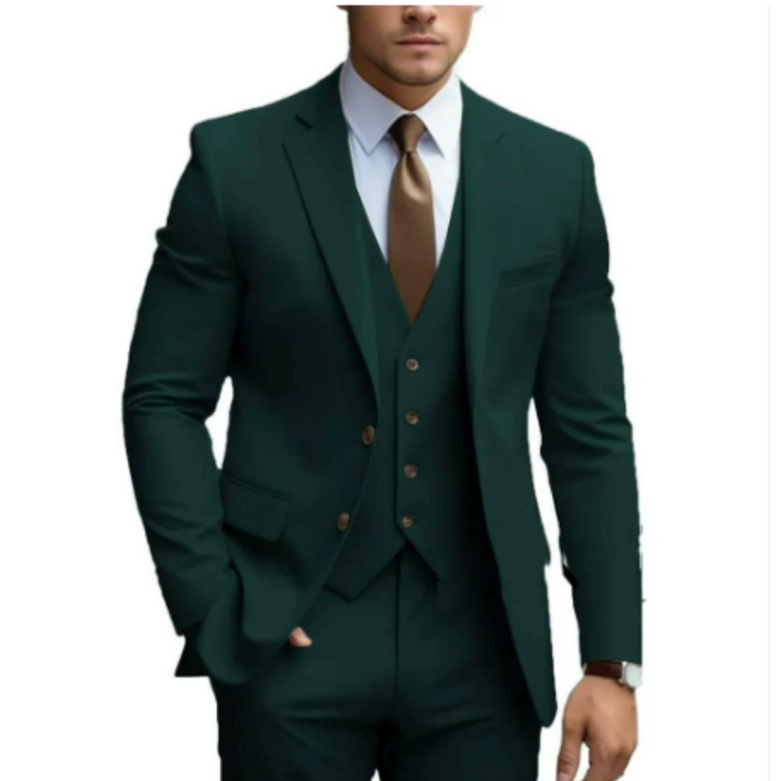 Costume homme 3 pièces élégant deux boutons, veste, gilet et pantalon pour mariage invité.