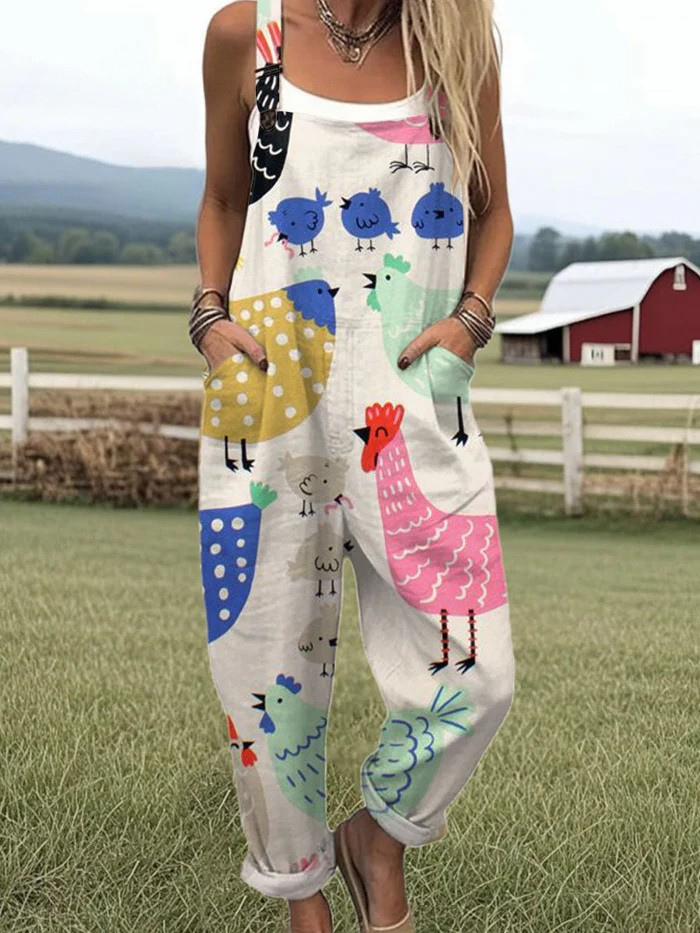 Combinaison femme décontractée à motif poulet joyeux, idéale pour un look fantaisie confortable printemps/été.