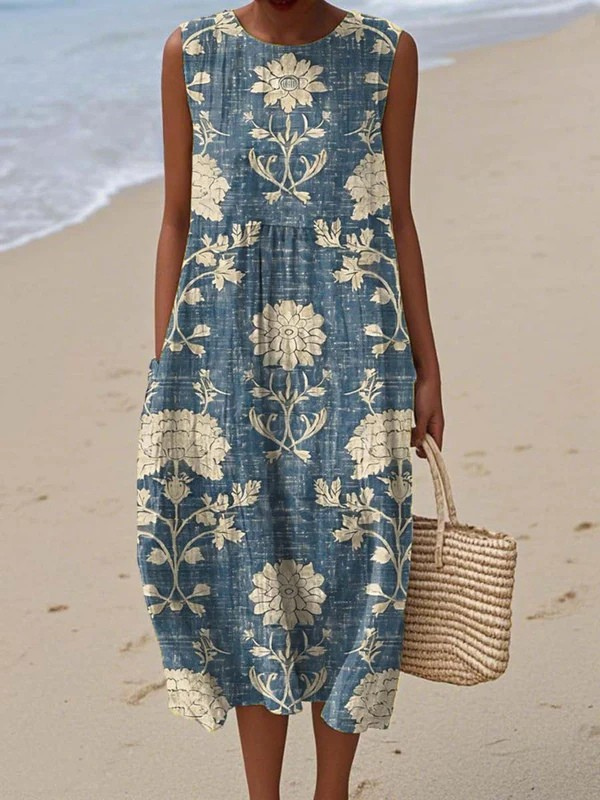 Robe midi bohème fleurie femme, sans manches, élégante et décontractée pour l'été.