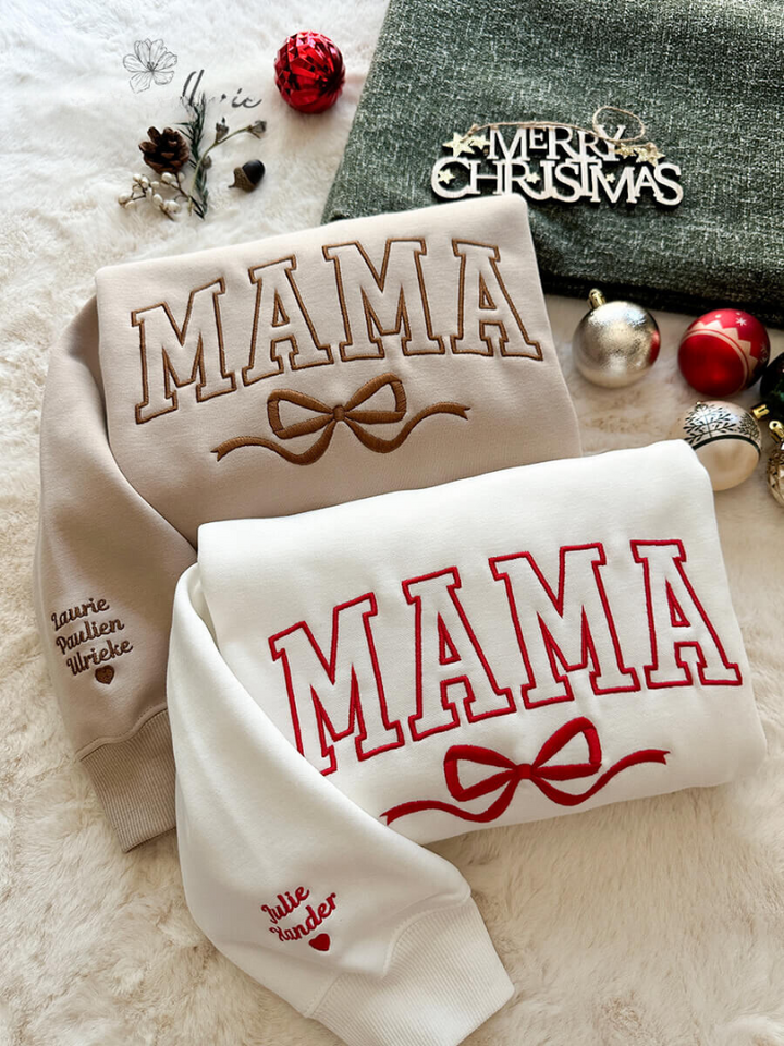 Pull de Noël MerryMom pour femme, tricot doux, broderie nœud festive. Idéal cadeau maman, vêtements hiver confortables.
