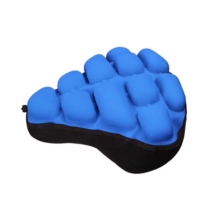 Coussin de selle de vélo LuxRide gonflable bleu, offre confort et support lombaire pour cyclisme longue durée.