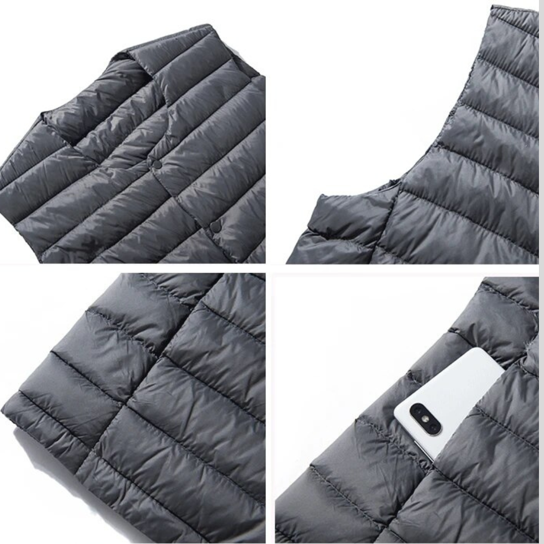 Gilet ultraléger pour hommes, offrant chaleur et liberté de mouvement. Indispensable pour le voyage.