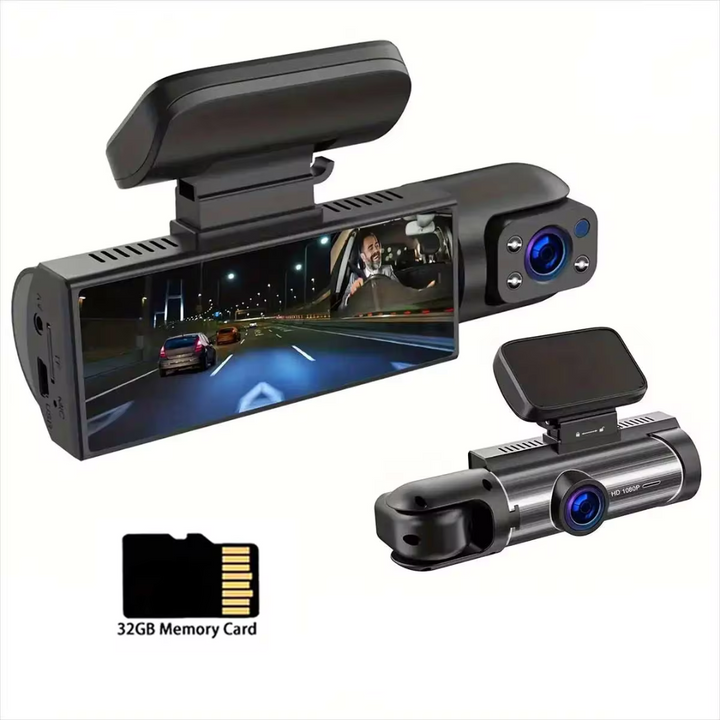 Dashcam VisionRoad double HD sur pare-brise, enregistrant avant et intérieur pour sécurité routière optimale. Surveillance parking incluse.